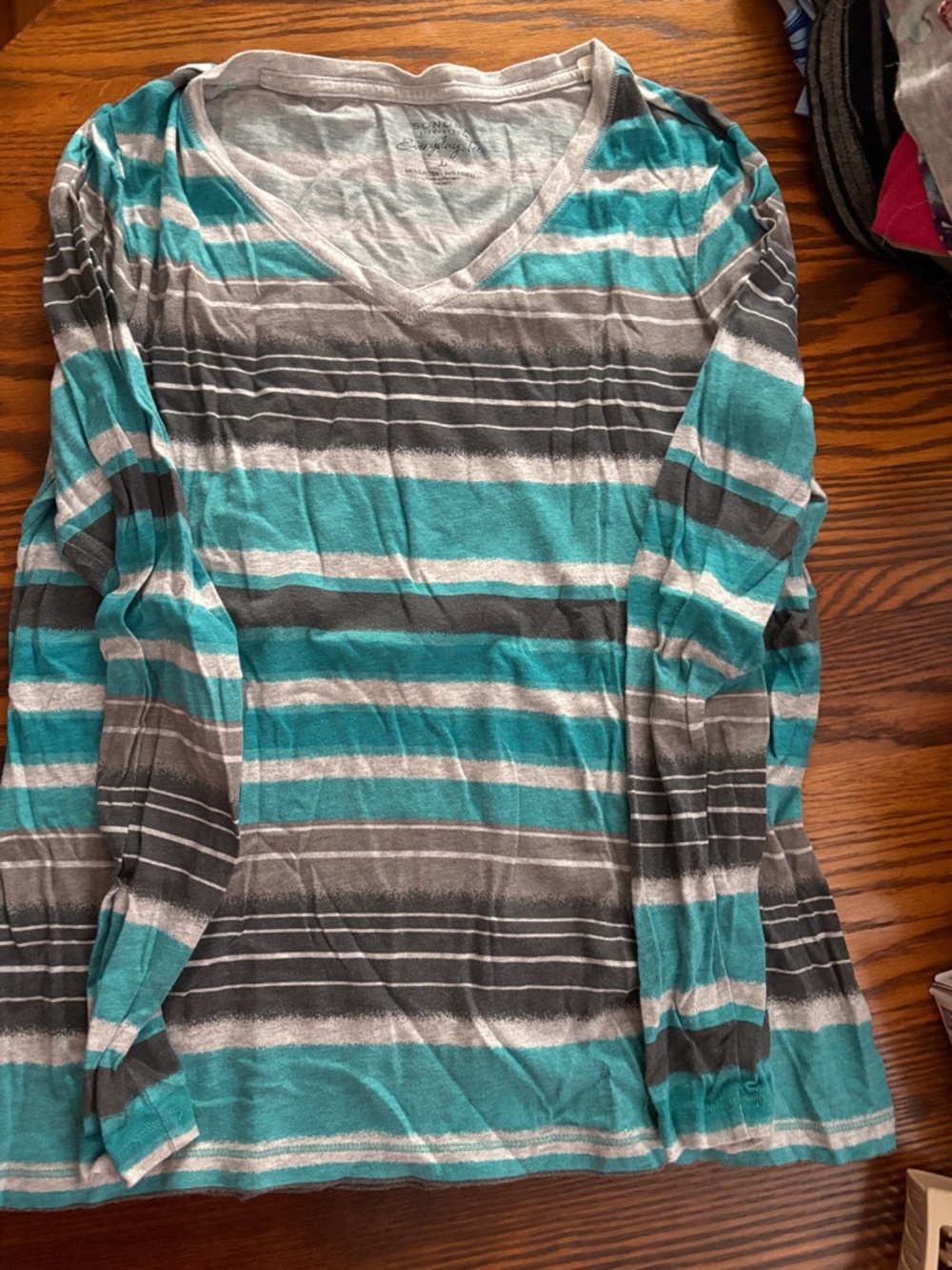 Sonoma Teal, Gray & White Striped V-Neck Long Sleeve Top